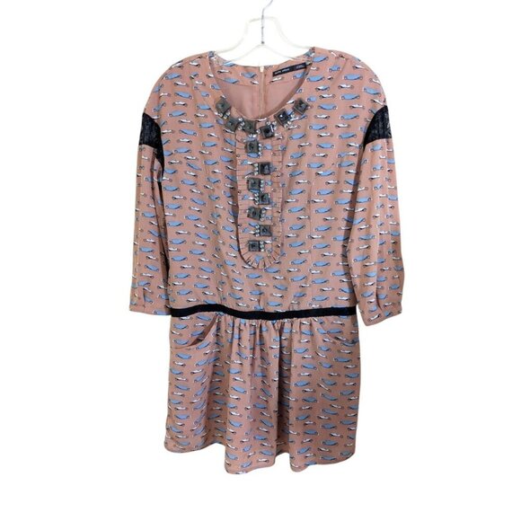 BASIC HOUSE Womens S Unique Dress Tan Car Print Jewel Rhinestone Front Pockets - Picture 1 of 7